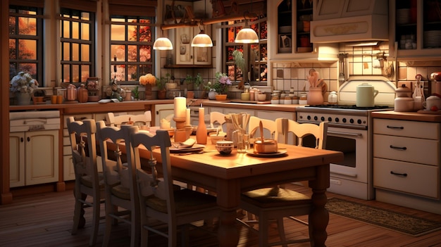Uma cozinha com sala de jantar design interior isométrico renderização 3D