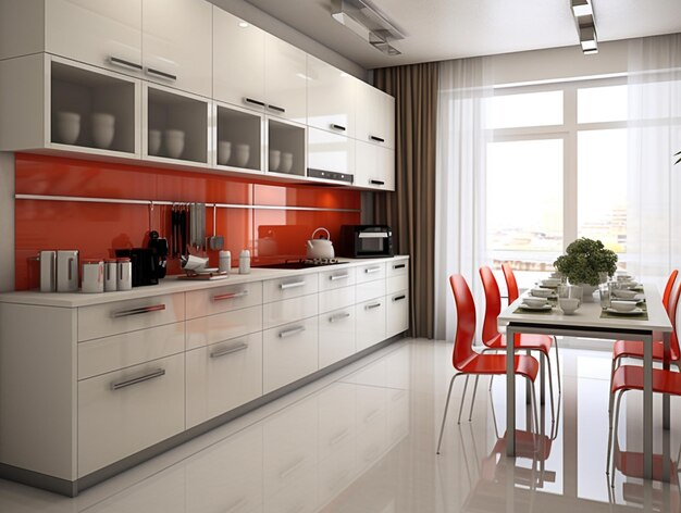 Foto uma cozinha com um armário branco e laranja e uma mesa com cadeiras.