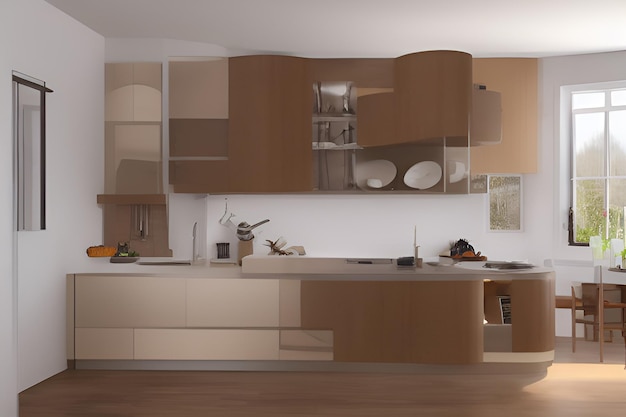 uma cozinha com um armário de madeira que tem vários armários e uma caixa em cima