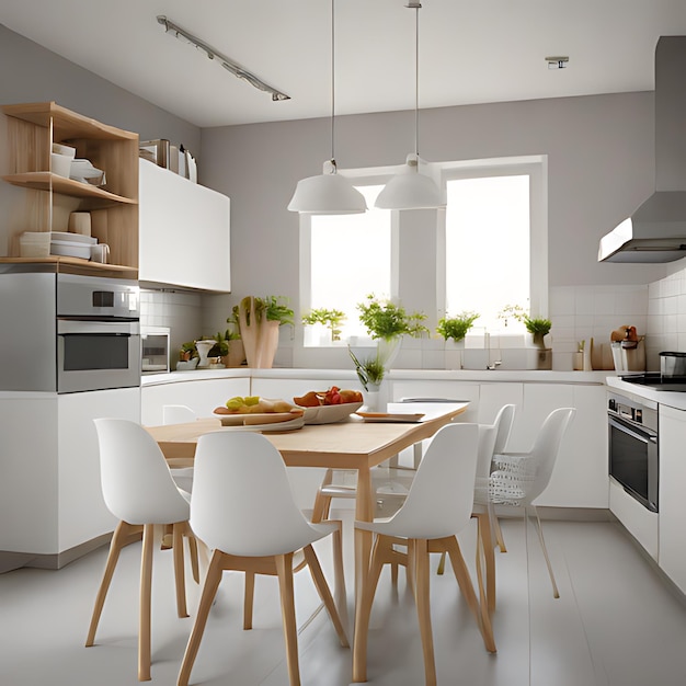 uma cozinha com um esquema de cores branco e cinza