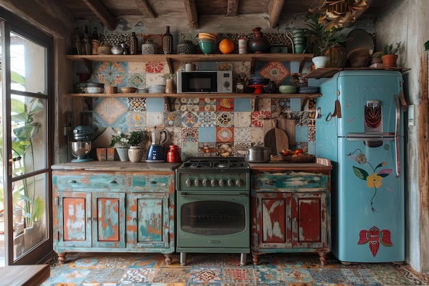 Foto uma cozinha com um fogão e um fogão com uma geladeira azul