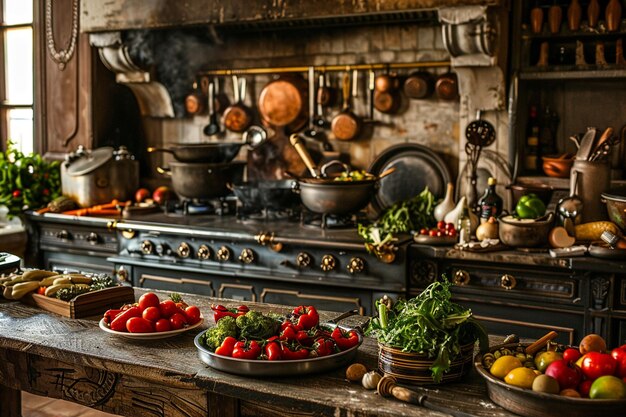 Foto uma cozinha com uma chaleira e panelas de vegetais