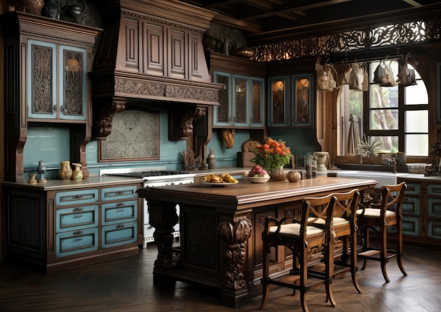 Uma cozinha com uma combinação de armários pintados e envernizados
