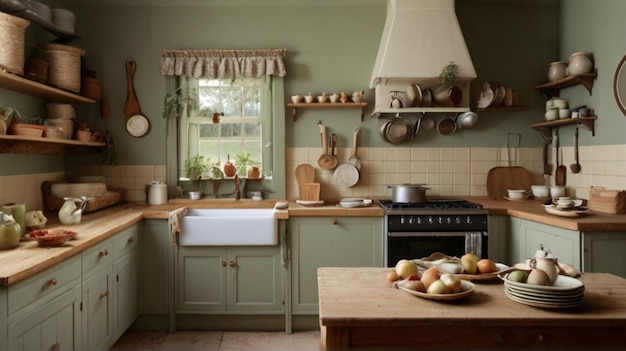 uma cozinha com uma cozinha verde com um fogão e uma mesa de madeira com uma tigela de vegetais nele