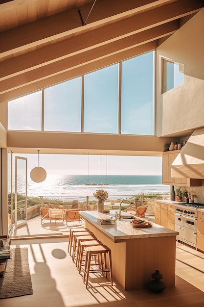 Uma cozinha com uma grande janela que diz 'a casa de praia' nela