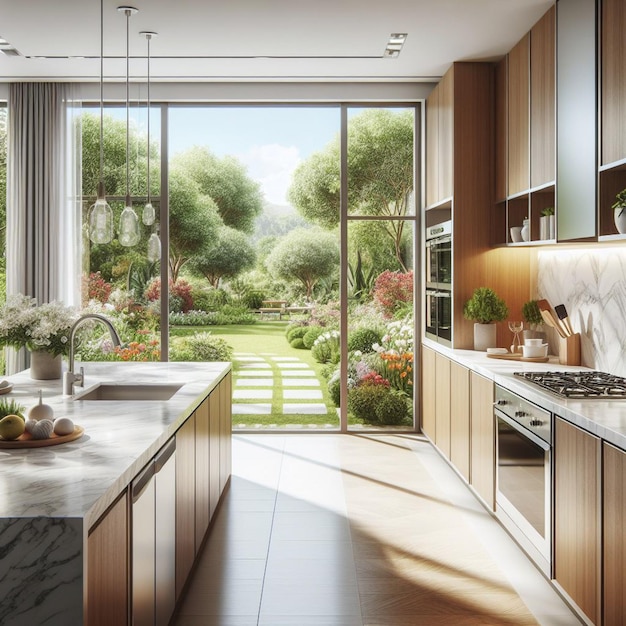 Uma cozinha com uma grande janela que tem uma vista do jardim