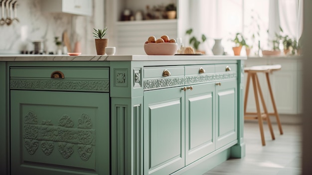 Uma cozinha com uma ilha de cozinha pintada de verde com uma tigela de frutas no balcão.