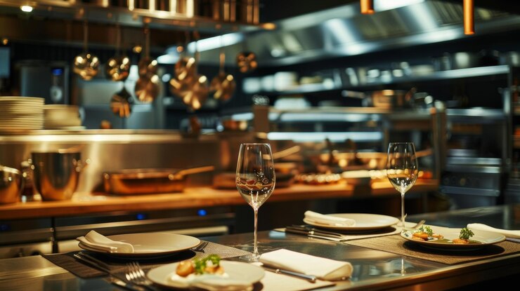 Foto uma cozinha com uma mesa com dois copos de vinho e um prato de comida nele