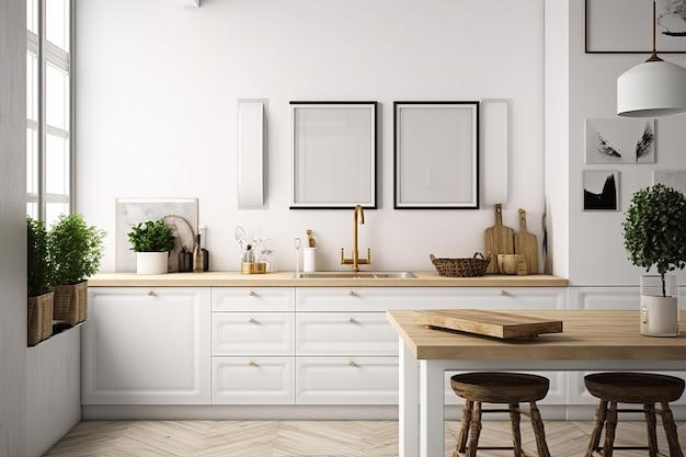 uma cozinha com uma mesa de madeira e um armário branco com uma planta no topo