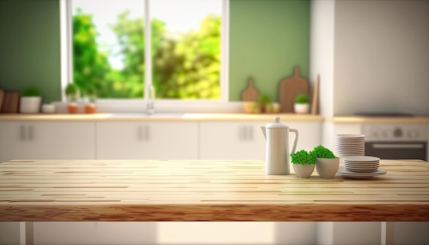 Uma cozinha com uma mesa de madeira e uma janela verde.