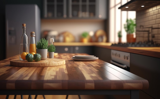 Uma cozinha com uma mesa de madeira. fundo de cozinha moderna. interior do quarto. ai gerado