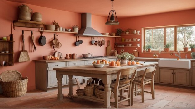 Foto uma cozinha com uma mesa e cadeiras e uma mesa com tigelas sobre ela