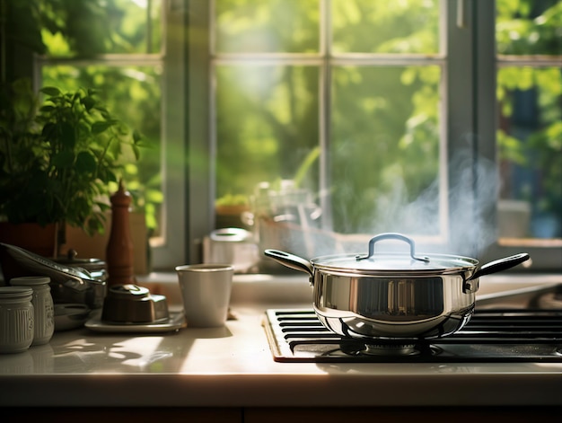 uma cozinha com uma panela no fogão e panelas e frigideiras no fogão