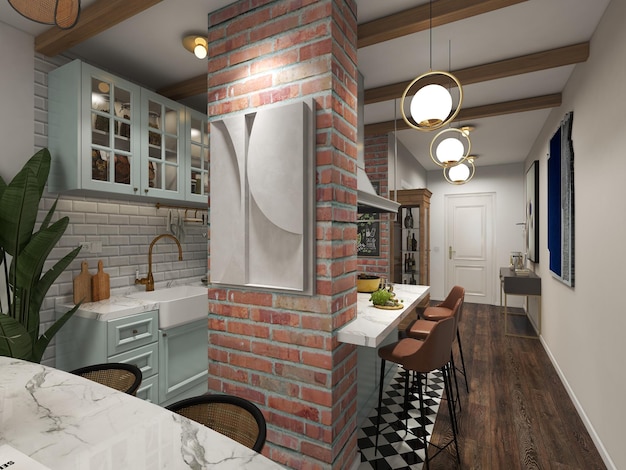 Uma cozinha com uma parede de tijolos e uma coluna de tijolos que diz "a palavra cozinha"