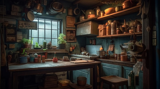 Uma cozinha com uma prateleira cheia de tachos e panelas com uma planta.