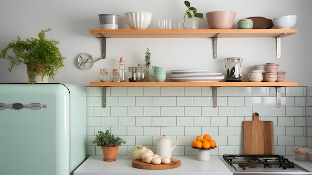 Uma cozinha de inspiração vintage com eletrodomésticos retro, azulejos de metrô, backsplash e prateleiras abertas