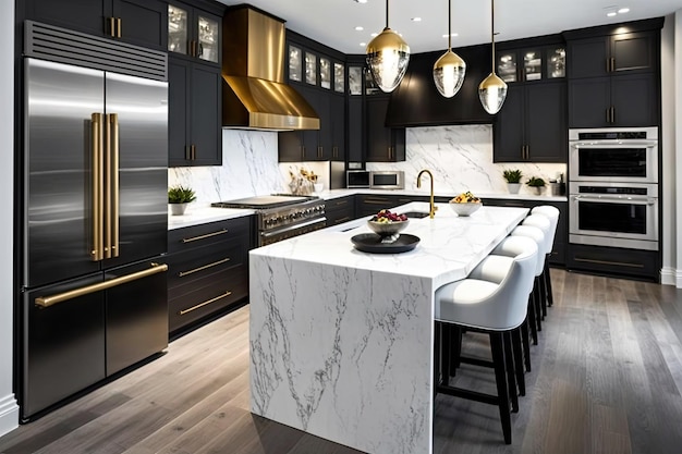 Uma cozinha de sonho com acabamentos modernos e elegantes e eletrodomésticos topo de gama