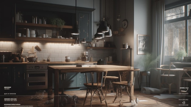 Uma cozinha escura com mesa e cadeiras e um relógio na parede