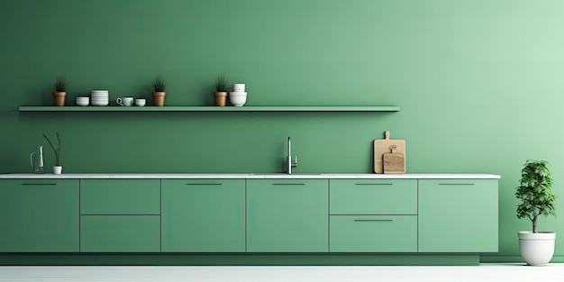 Uma cozinha minimalista com um esquema de cores verdes
