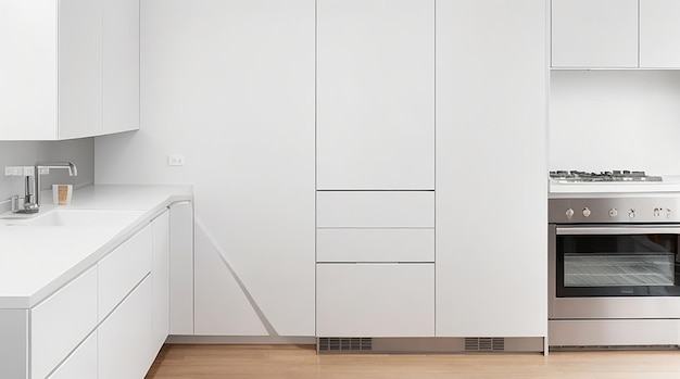 Uma cozinha minimalista moderna com electrodomésticos elegantes de aço inoxidável e uma bancada branca brilhante