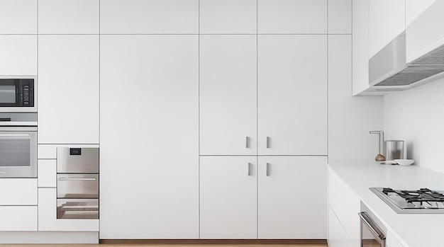 Uma cozinha minimalista moderna com electrodomésticos elegantes de aço inoxidável e uma bancada branca brilhante