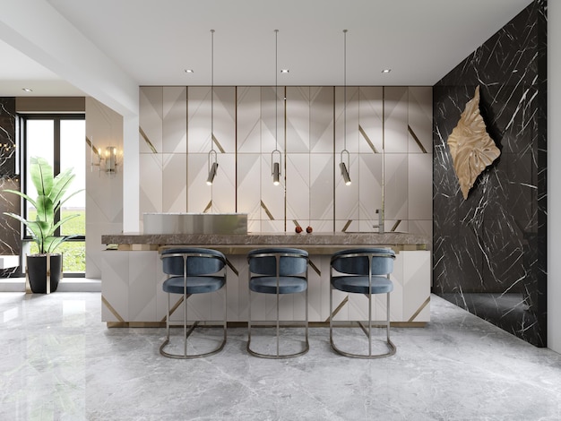 Uma cozinha moderna chique com uma frente bege de designer com detalhes dourados e uma ilha de cozinha moderna
