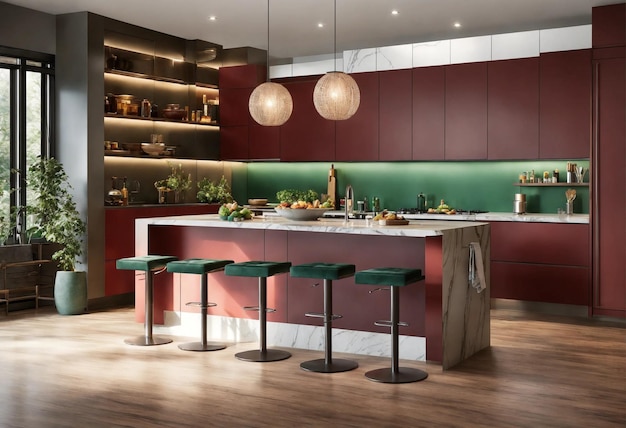 Uma cozinha moderna com um banco de bar elegante de ilha longa e um brilho suave da luz da manhã
