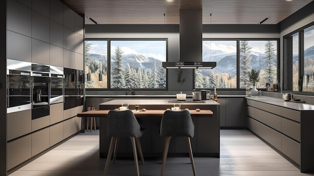 Uma cozinha moderna com uma grande janela e vista para as montanhas Generative AI image Casa na Noruega