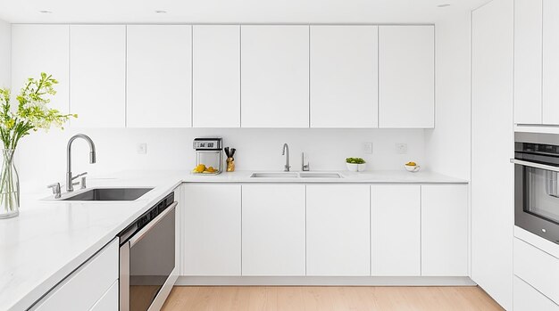 Uma cozinha moderna e minimalista com elegantes eletrodomésticos de aço inoxidável e uma bancada branca brilhante