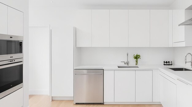 Uma cozinha moderna e minimalista com elegantes eletrodomésticos de aço inoxidável e uma bancada branca brilhante