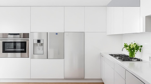 Uma cozinha moderna e minimalista com elegantes eletrodomésticos de aço inoxidável e uma bancada branca brilhante