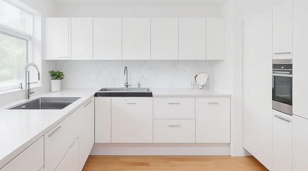 Uma cozinha moderna e minimalista com elegantes eletrodomésticos de aço inoxidável e uma bancada branca brilhante