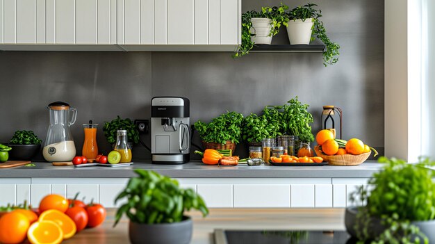 Uma cozinha moderna e organizada com sucos de produtos frescos e aparelhos de cozinha saudáveis