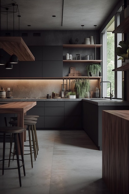 Uma cozinha preta com uma janela grande que tem uma janela grande que diz 'cozinha' nela