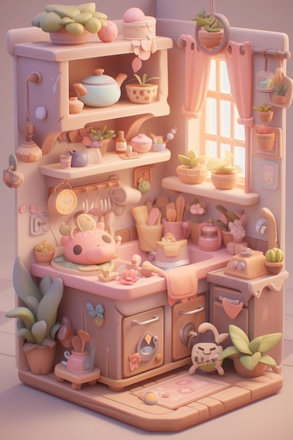Uma cozinha rosa com um gato na prateleira.