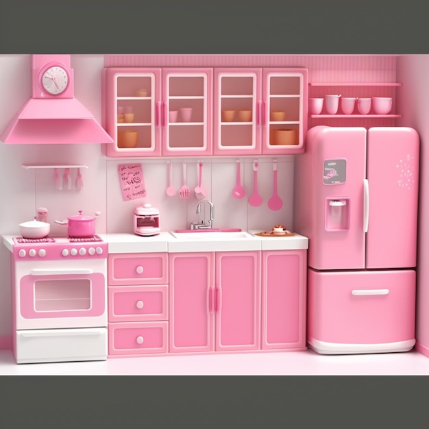 Uma cozinha rosa com uma placa que diz "eu amo rosa"