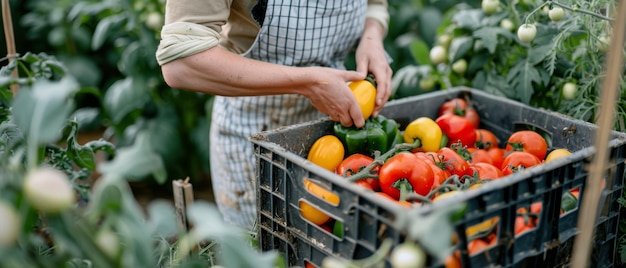 Uma cozinheira autônoma colhendo legumes em uma fazenda um agricultor orgânico organiza uma variedade de frutas e legumes recém-colhidos em caixas