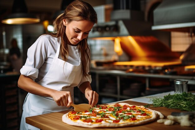 Foto uma cozinheira faz pizza num restaurante.