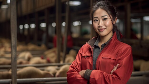 Uma criadora de porcos asiática sorridente está de pé com os braços cruzados no galpão de aves