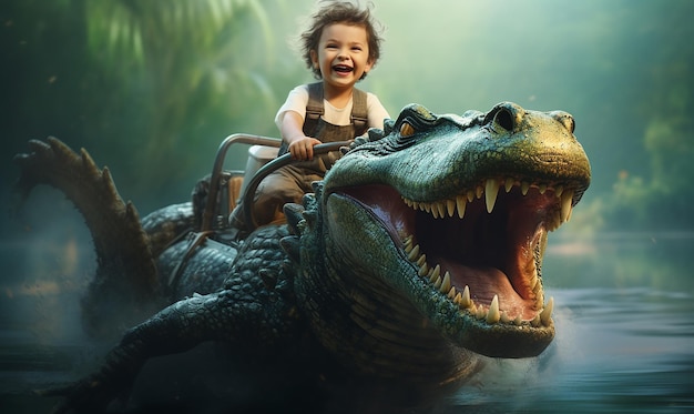 Foto uma criança a montar um dinossauro com um dinosauro ao fundo