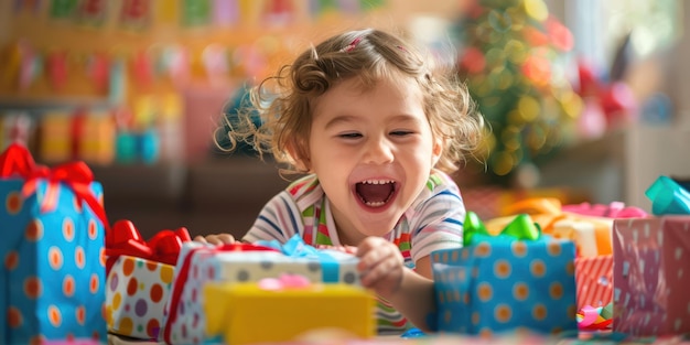 Uma criança abrindo presentes de aniversário com emoção e alegria