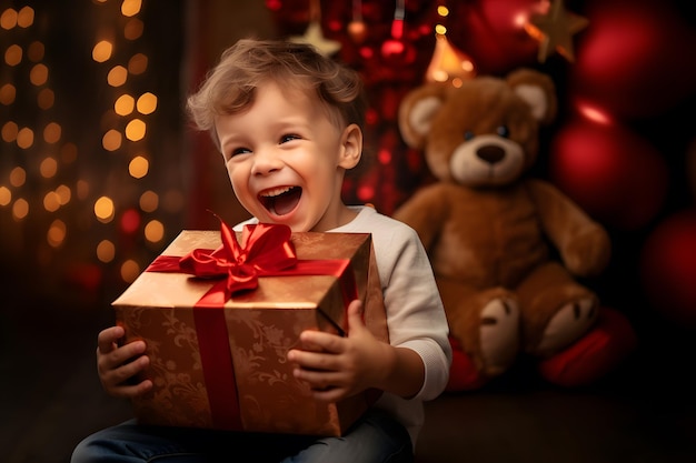 Uma criança abrindo uma caixa de presentes e sorrindo