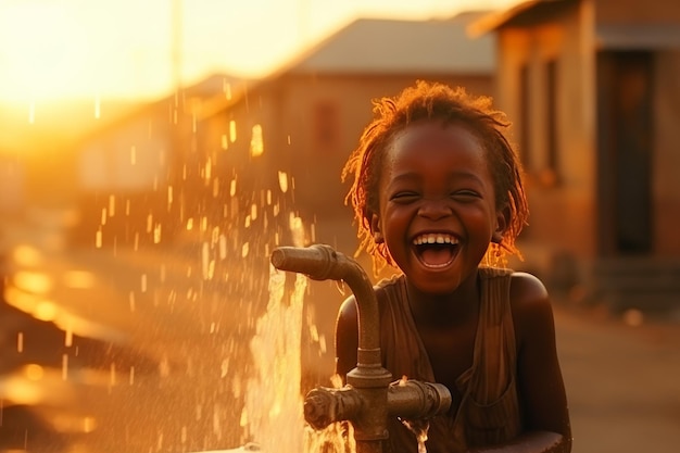 Uma criança africana desfruta da água clara da fonte contra o fundo do pôr-do-sol