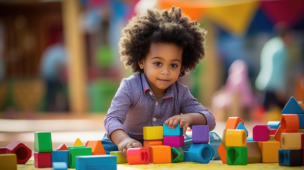 Foto uma criança afro-americana bonita a aprender a brincar com blocos de madeira na casa.