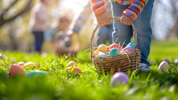 Uma criança alegre coletando ovos de Páscoa coloridos em uma cesta no jardim em um dia ensolarado