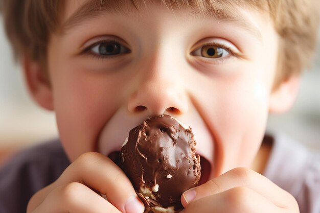 Uma criança alegre desfruta de uma boca cheia de chocolate de Páscoa Chocolate Dia das Crianças