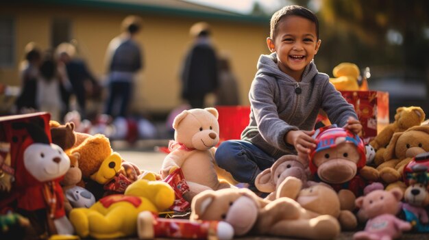 Foto uma criança alegre e sorridente está cercada por caixas cheias de brinquedos de pelúcia coloridos