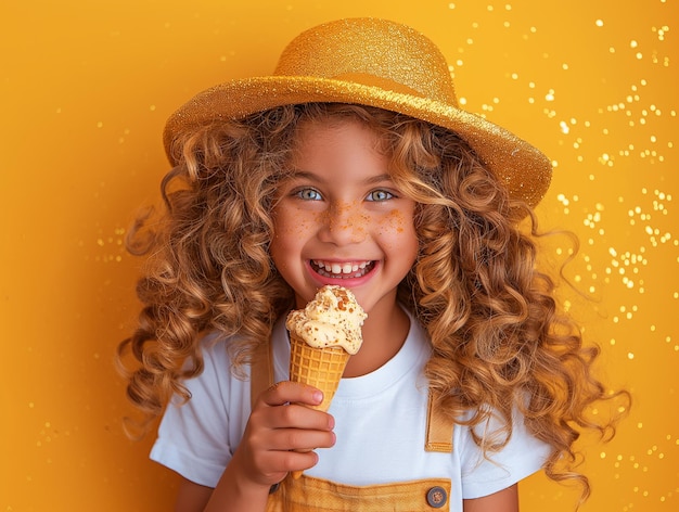 Foto uma criança alegre está desfrutando de um delicioso cone de sorvete contra um fundo laranja vibrante salpicado de brilho