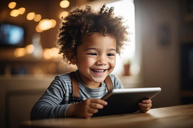 Foto uma criança alegre explora o mundo da tecnologia infantil sorrindo enquanto usa um tablet