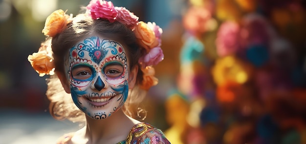 Uma criança alegre honrando o Dia dos Mortos com pintura facial de um crânio Generative Ai